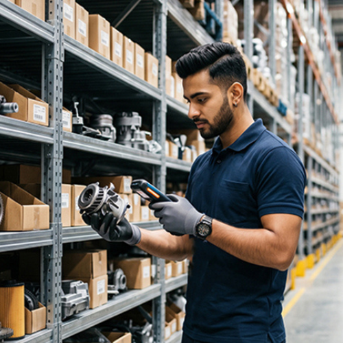 Auto parts warehouse specialist checking a component