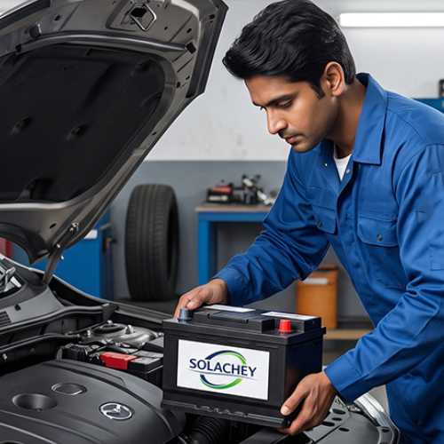 Technician installing an automotive battery